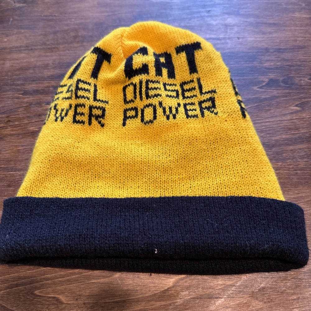 Vintage Caterpillar CAT Diesel Power Yellow & Black Knit Winter Beanie Cap
